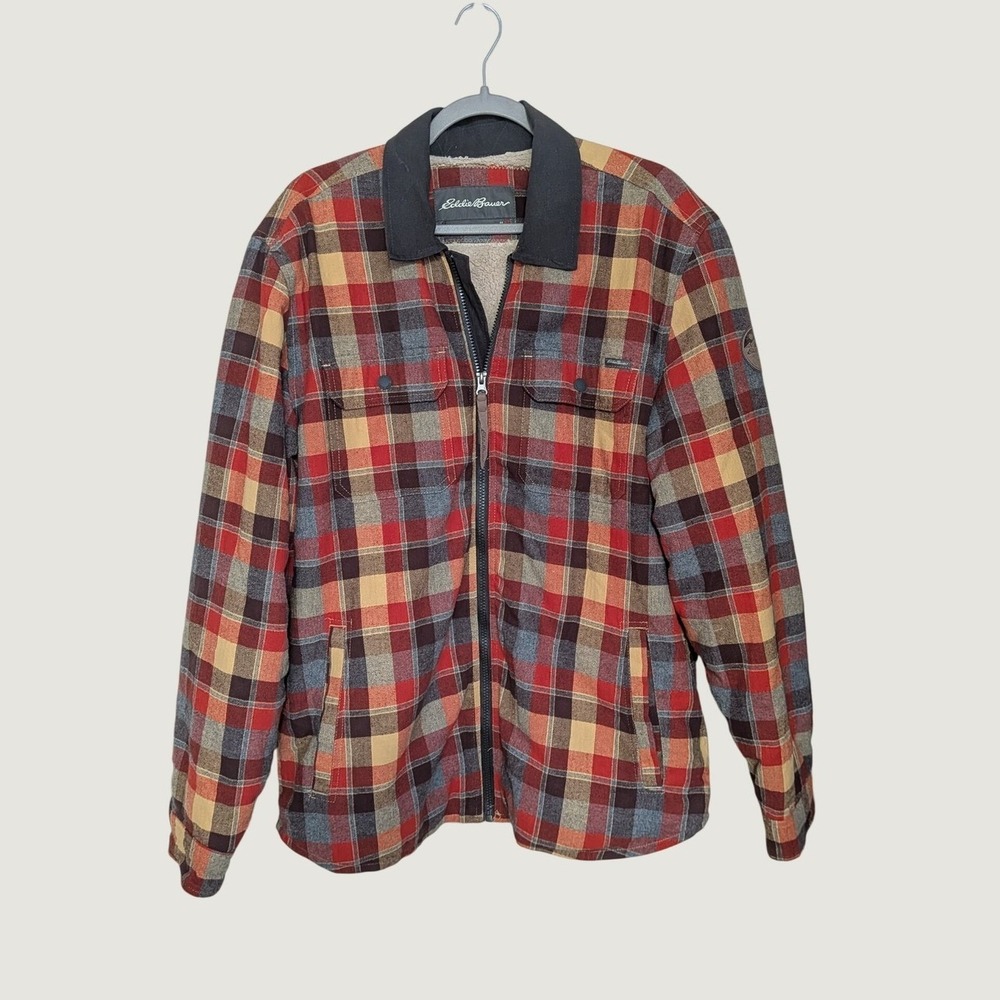 Eddie Bauer Mens Plaid Shearling Sherpa Lined Flannel Shirt Jacket Red Medium